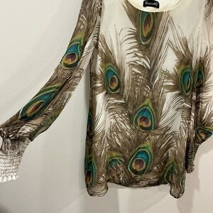 Basically Me Cream Peacock Feather Flowy Bell Sleeve Dress Made In USA Size M